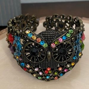 Vintage Owl Antiques Brass with Multicolored Rhinestones Cuff Bangle Bracelet